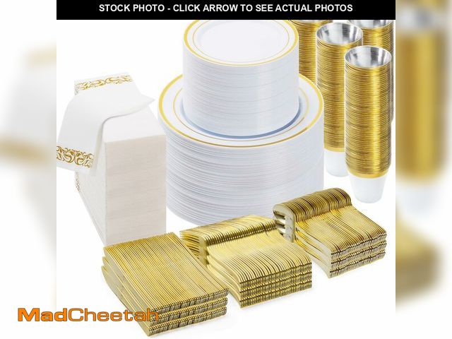 Lot 74-13563757 - BESTVIP 700 PCS Gold Dinnerware Set for 100 Guests, Plastic Dinnerware Set for Party, Christmas, Inc...
