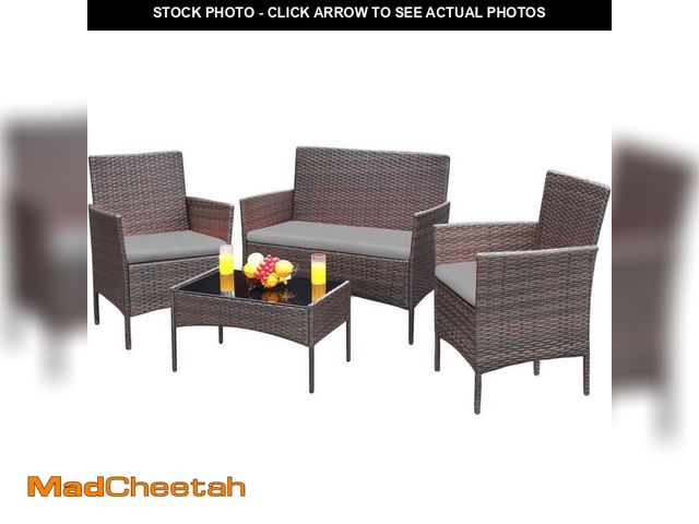 Lot 74-14306908 - Tozey Brown 4-Pieces Wicker Outdoor Patio Furniture Sets Rattan Chair Wicker Set with Gray Cushion -...
