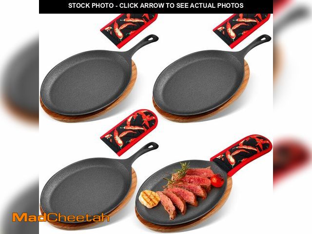 Lot 74-14269294 - Lallisa 4 Sets Cast Iron Fajita Plate Set Fajita Plate Pan with Wooden Tray Anti Scald Protection Ho...