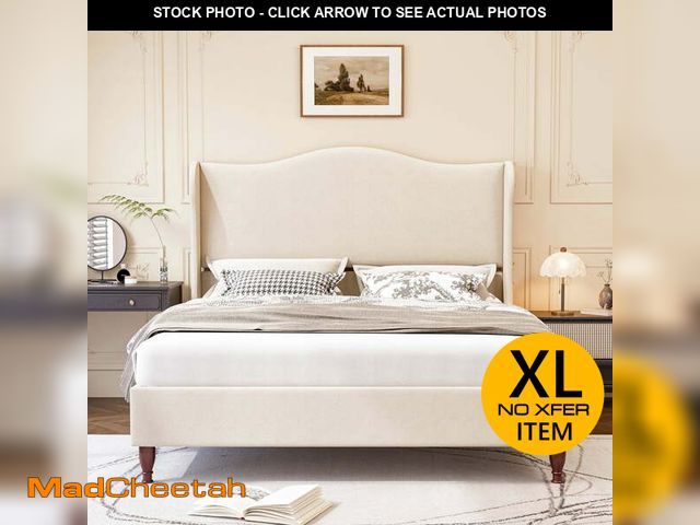 Lot 74-13815935 - Neche King Upholstered Platform Bed Frame - 51" Tall Curved Wingback, Soft Fabric, Retro Sleigh Styl...