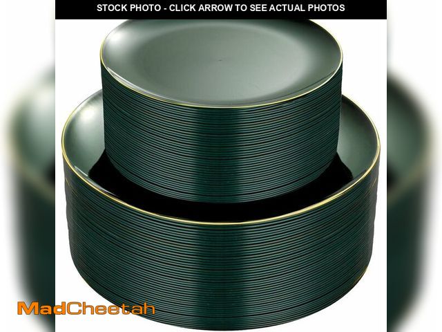 Lot 74-14271494 - PULOTE 100PCS Green Plastic Plates - Green Disposable Plates With Gold Rim - Include 50 Pieces Dinne...