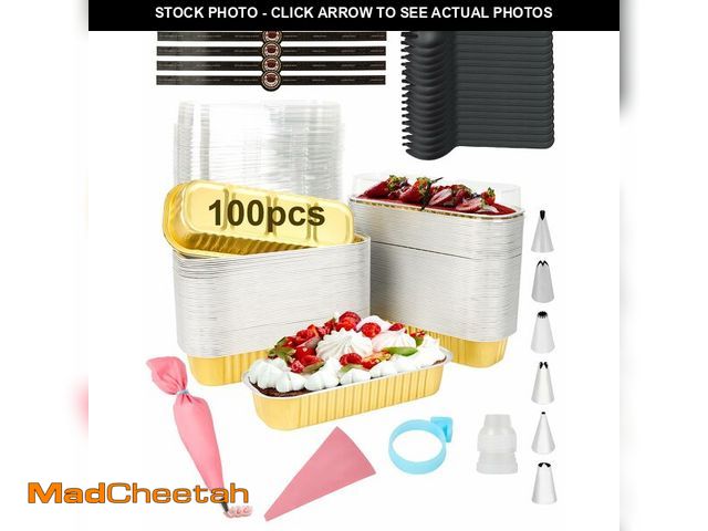 Lot 74-12707785 - YQER 100 Pack Mini Cake Pans with Lids Spoons &amp; 1 Piping Bag and Tips Set Ã¢â¬â 6.8oz Disposa...