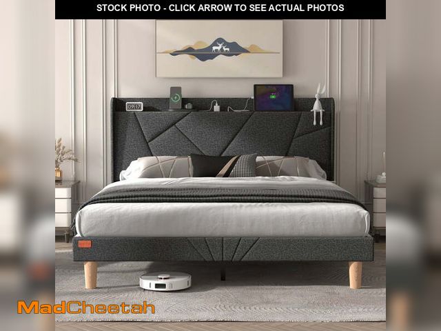 Lot 74-14072185 - NISIEN Queen Bed Frame with Charging Station, Upholstered Platform Bed with Wingback Storage Headboa...