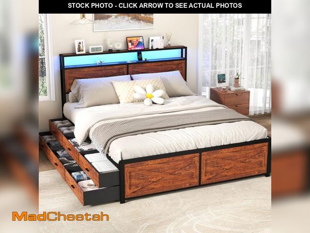 Lot 74-12104069 - Kiivakii King Size Bed Frame with 12 Storage Drawers, LED Headboard with Charging Station, Metal Bed...
