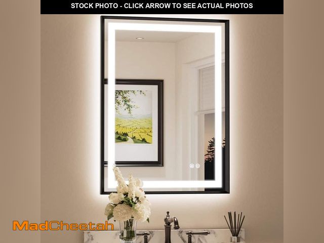 Lot 74-13611184 - KeonJinn 24 in. W x 32 in. H Rectangular Framed LED Anti-Fog Wall Bathroom Vanity Mirror in Black wi...