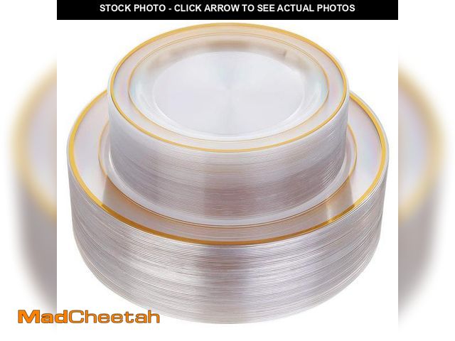 Lot 74-12308236 - IOOOOO 96 Pcs Plastic Gold Plates, Gold Disposable Plates Includes: 48 Dinner Plates 10.25" and 48 D...
