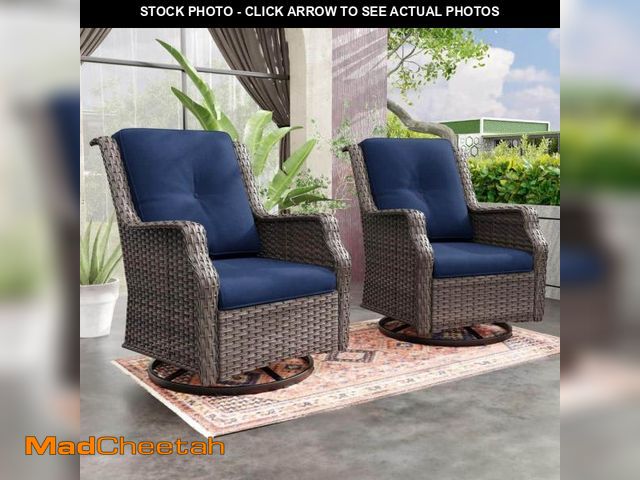 Lot 74-12397230 - JOYSIDE Wicker Patio Outdoor Lounge Chair Swivel Rocking Chair with Blue Cushions (2-Pack) - UNUSED