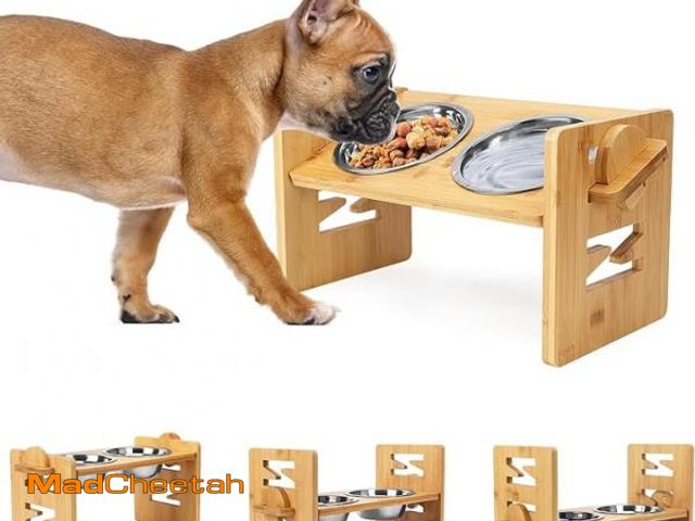 Lot 74-12125055 - Elevated Dog Bowls, Adjustable Raised Tilted French Bulldog Food Water Bowl, Slanted Bamboo Pet Feed...