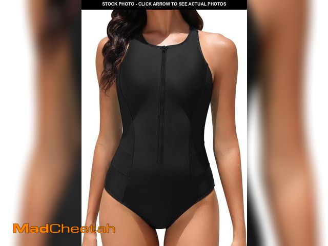 Lot 74-12125662 - Tempt Me Women Black Athletic One Piece Swimsuit Zipper High Neck Bathing Suit Racerback Swimwear M ...