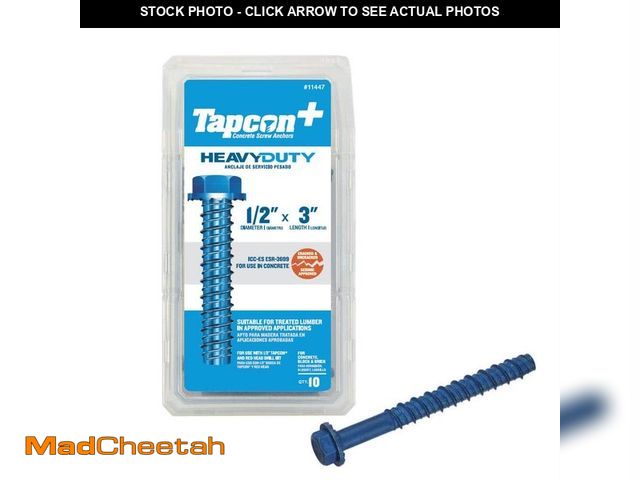 Lot 74-13792394 - Tapcon 1/2 in. x 3 in. Steel Hex-Washer-Head Indoor/Outdoor Large Diameter Concrete Anchors (10-Piec...