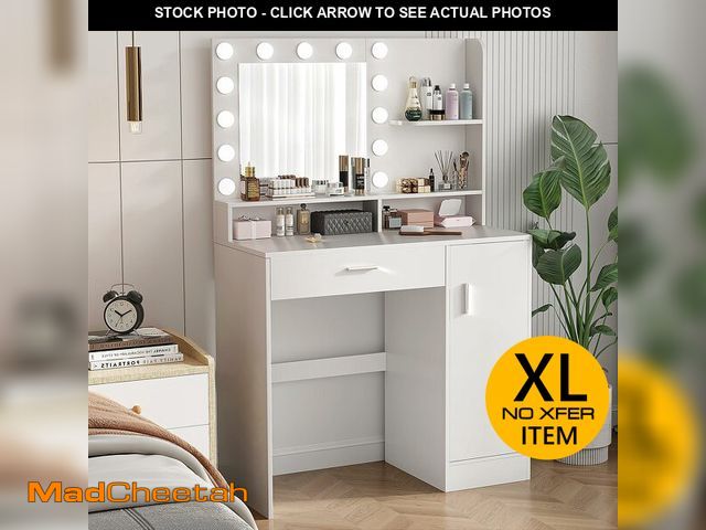 Lot 74-12689081 - Vanity Desk with Mirror &amp; Lights, White Makeup Desk with Drawers &amp; Cabinet, 3 Lighting Modes...