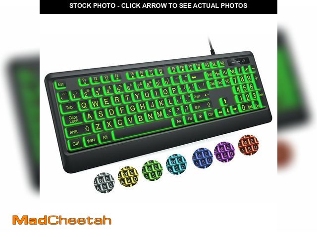 Lot 74-13626767 - KOPJIPPOM Large Print Keyboard - 7 Interchangeable Backlight Colors, Light Up USB Wired Computer Key...