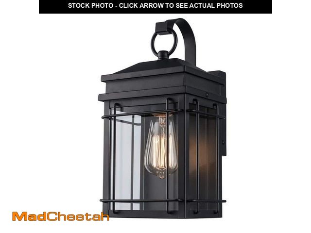 Lot 74-12557322 - Hampton Bay Broward 13 in. 1-Light Black Outdoor Hardwired Wall Lantern Sconce Light Fixture with Cl...