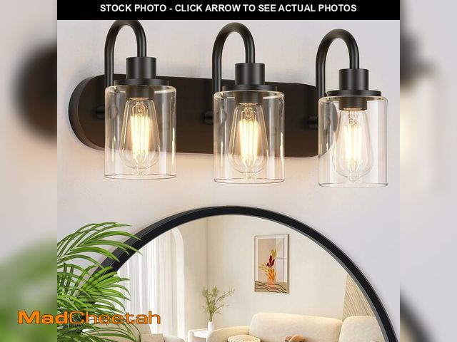 Lot 74-12698535 - Baocuz 3-Light Bathroom Light Fixtures, Black Vanity Light Farmhouse Wall Sconces with Clear Glass S...