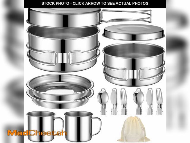 Lot 74-14380664 - Funnymoom 14 Piece Camp Cooking Set, Stainless Steel Camping Cookware with Pot and Pan Kit 2 Set Sta...