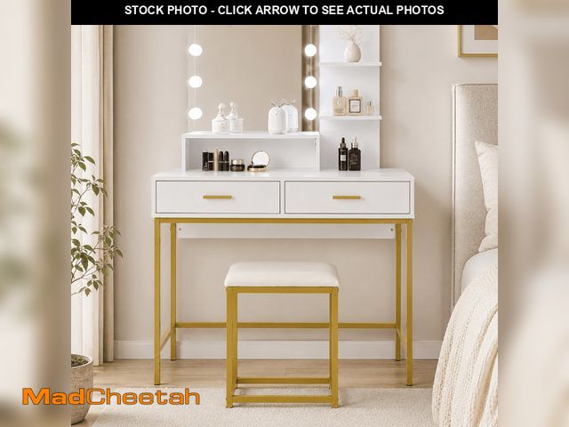 Lot 74-14350295 - Ktaxon Vanity Table Set with 3 Color Lighted Mirror &amp; Stool, Makeup Vanity Dressing Table, 2 Dra...