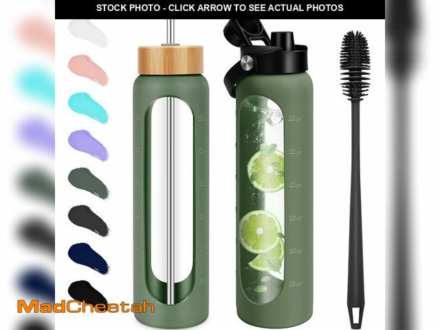 Lot 74-14380639 - FULBEVY 32 oz Glass Water Bottles - 1 Liter Motivational Tumbler With Time Marker - Borosilicate Gla...