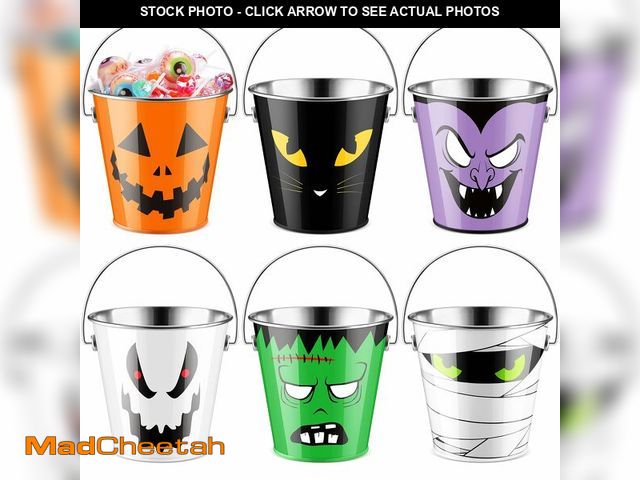 Lot 74-12706519 - Tioncy 6 Pcs Halloween Pumpkin Bucket Bulk Metal Trick Treat Party Favors Pail with Handle Small Can...