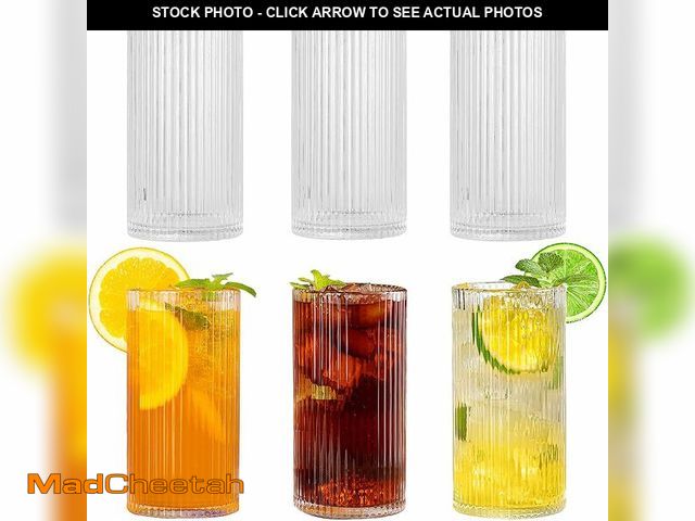 Lot 74-12703446 - megarte Ribbed Glassware Vintage Drinking Glasses - 13 Oz Glassware Set of 6 Highball Origami Style ...