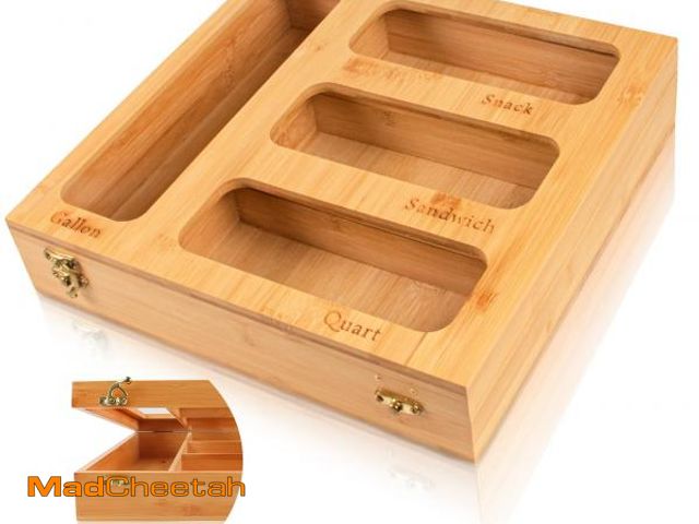 Lot 74-12111690 - Bamboo Food Bag Organizer for Kitchen Drawer, a bamboo 4 slots - made dispenser container for plasti...