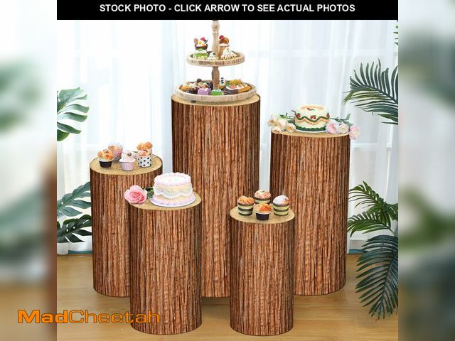 Lot 74-14047563 - FairySandy Set of 5 Wooden Texture Cylinder Stand Covers Spandex Pedestal Stand Cover for Party Wedd...