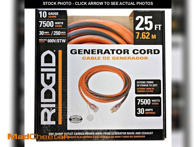 Lot 74-12557656 - *DIRTY* RIDGID 25 ft. 10/4 Heavy Duty Outdoor L14-30 Amp Generator Extension Cord with Lighted End, ...