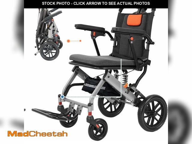 Lot 74-12573454 - Adult Ultra Light 20Lbs Transport Wheelchair 4 Shock Pumps, Removable Flip Arms, Locking Brakes, 220...