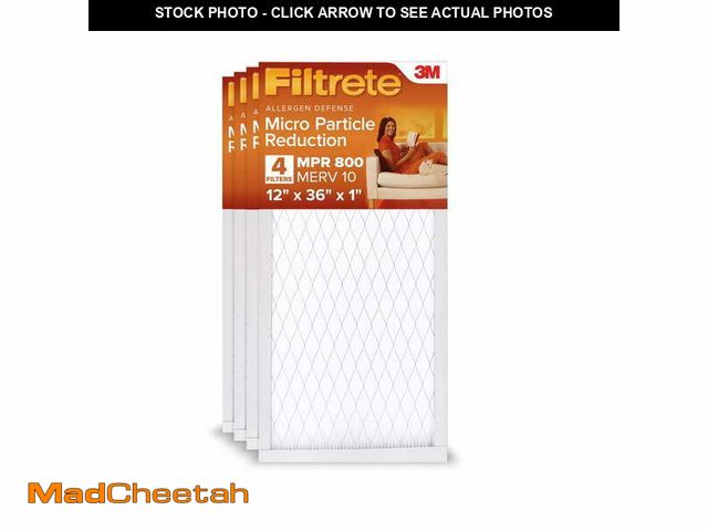 Lot 74-12548485 - Filtrete 12x36x1 HVAC Furnace Air Filter, MPR 800 MERV 10, Micro Particle Reduction, 4 Pack - UNUSED