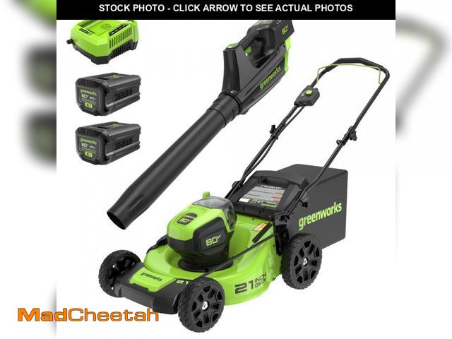 Lot 74-12486731 - Greenworks 80V 21" Brushless Push Cordless Electric Lawn Mower + 500 CFM Axial Leaf Blower, With Two...