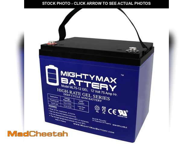 Lot 74-12570461 - Mighty Max Battery ML75-12 GEL -12 Volt 75 AH, GEL Type, Internal Thread (INT) Terminal, Rechargeabl...