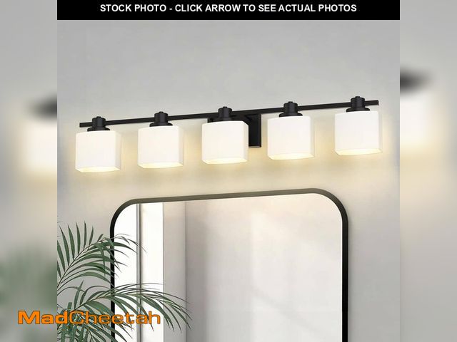 Lot 74-14589975 - (MISSING HARDWARE) YANSUN 40 in. Modern 5-Light Matte Black Bathroom Vanity Light, White Glass Shade...