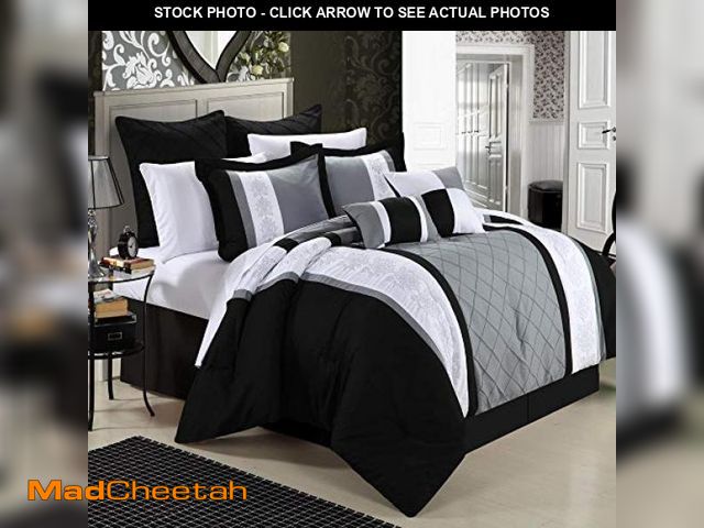 Lot 74-12365839 - Chic Home 8-Piece Embroidery Comforter Set, Queen, Livingston Black - UNUSED