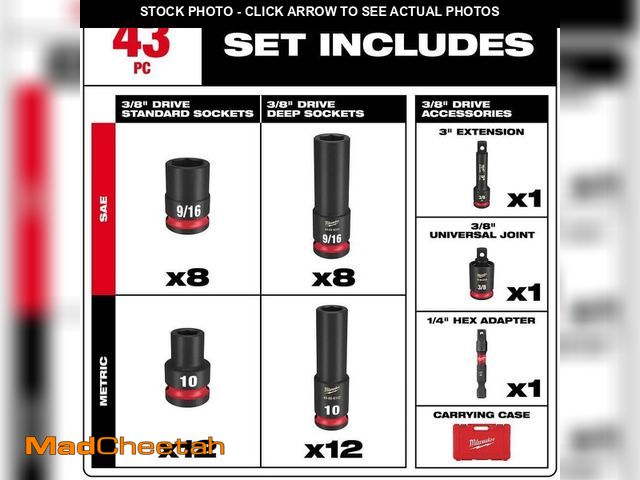 Lot 74-13648273 - Milwaukee SHOCKWAVE 3/8 in. Drive SAE and Metric 6 Point Impact Socket Set (43-Piece) - UNUSED