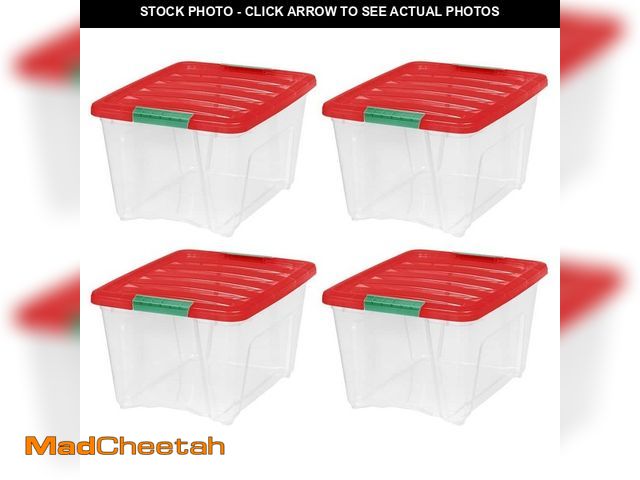 Lot 74-14558990 - IRIS 32 qt. Holiday Storage Buckled Clear Box, Clear Body with Red Lid and Elf Green Buckles (4-Pack...