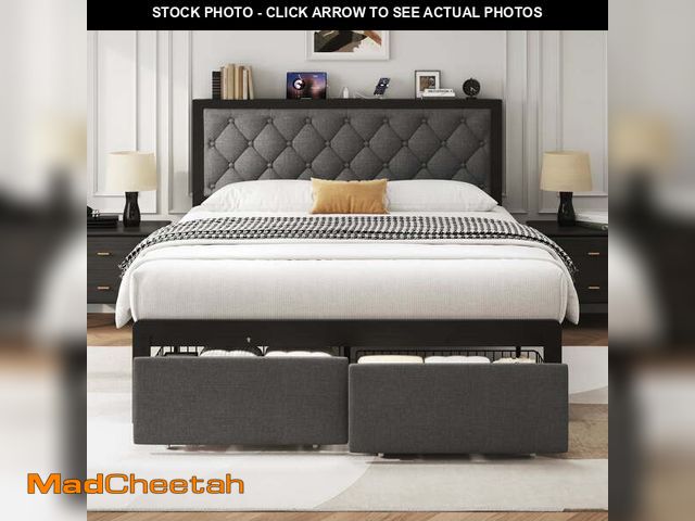 Lot 74-12891263 - Fluest Bed Frame with Linen Upholstered Headboard, Lockable Storage, Queen Size, Gray - UNUSED