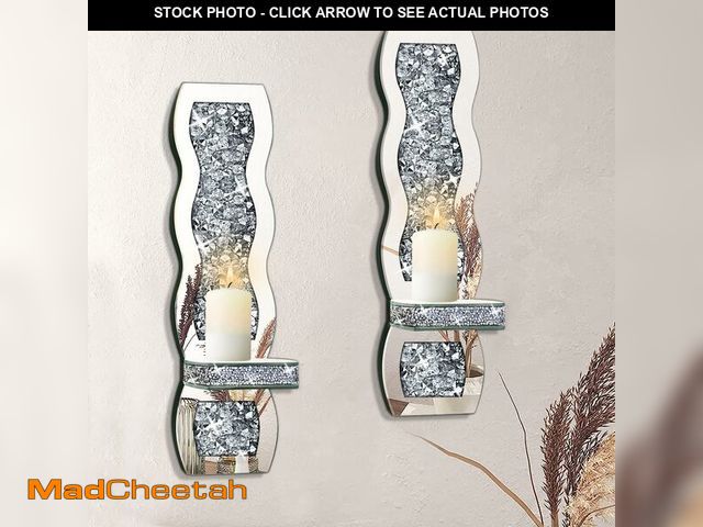 Lot 74-12603041 - GA Home Crystal Crush Diamond Candle Holder Set of 2, Wavy Silver Mirrored Wall Candle Sconces, Wall...