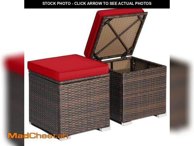 Lot 74-14115391 - HONEY JOY Wicker Outdoor Ottoman Multi-Purpose Footstool Storage Box Side Table with Removable Red C...