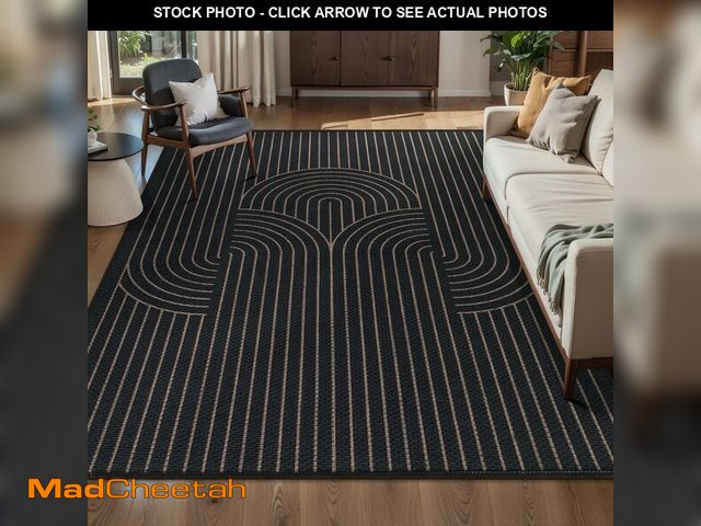 Lot 74-14272947 - Tangsoo Black Geometric Rainbow Easy Jute Area Rug,4x6 Washable Thin Rug for Patio,Non Slip Rubber B...