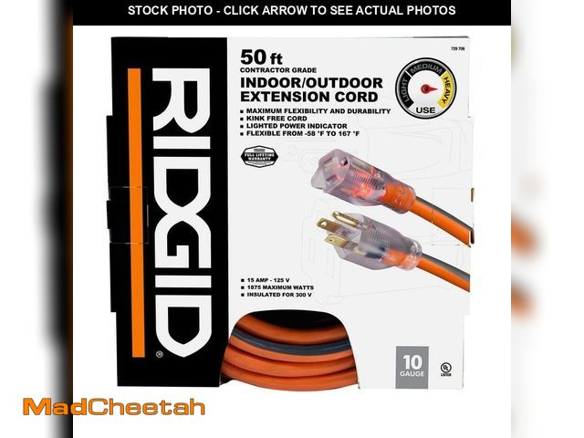 Lot 74-12746163 - RIDGID 50 ft. 10/3 Heavy Duty Indoor/Outdoor SJTW Extension Cord with Lighted End, Orange/Grey - USE...
