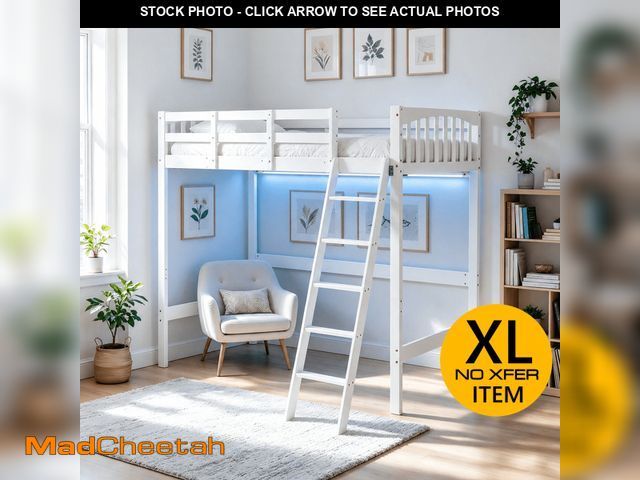 Lot 74-14604521 - Ktaxon Wood Loft Bed Frame with LED Light, Twin Size Loft Bed with Flat Rungs &amp; USB Charging Sta...