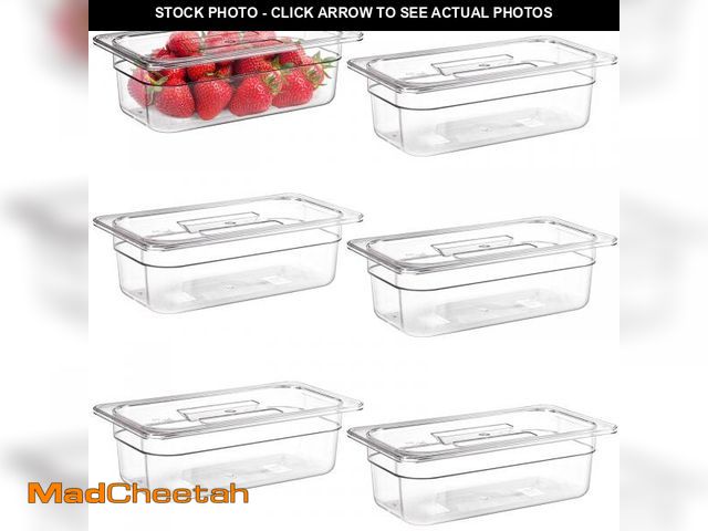Lot 74-12304035 - Bekith 6 Pack Plastic Clear Food Pans with Lids, 1/3 Size 4 Inch Deep Stackable Commercial Polycarbo...