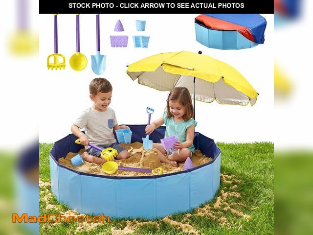 Lot 74-14210642 - Large Sand Box Set with Lid Cover &amp; Umbrella, Including 7Pcs Sand Toys for Kids Toddlers, 39Inch...