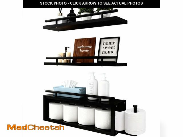 Lot 74-14212134 - OurWarm Wood Floating Shelves for Wall Set of 3, Black Bathroom Shelves Over Toilet Organizer with P...