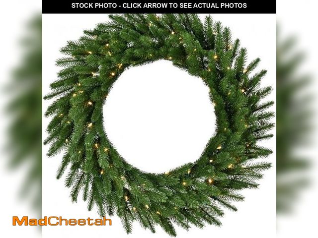 Lot 74-12396674 - Fraser Hill Farm 36-in. Green Fir Wreath Warm White LED Lights | Battery Operated | Festive Christma...