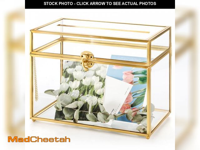 Lot 74-12051286 - Okllen Glass Wedding Card Box with Lock and Slot, Gold Rim Envelop Box Gift Holder, Vintage Clear Ca...
