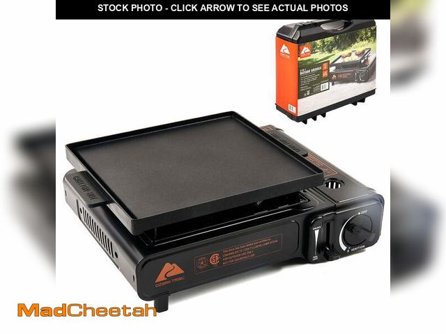 Lot 74-12688674 - Ozark Trail 2 in 1 Butane Griddle, Black Color, 7650 BTU, Piezo-Electric 2.2kw, Cast Aluminum Griddl...