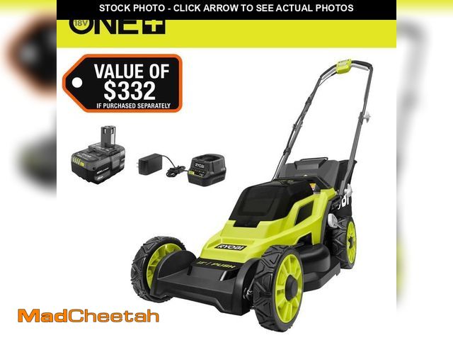 Lot 74-14114136 - RYOBI ONE+ 18V 13 in. Cordless Battery Walk Behind Push Lawn Mower with 4.0 Ah Battery and Charger -...