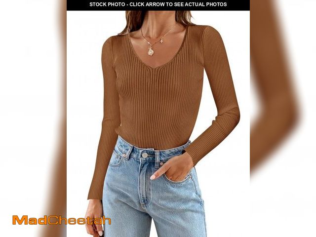 Lot 74-12346241 - ZESICA Women's Fall Long Sleeve V Neck T Shirts Ribbed Knit Sweater Slim Fit Solid Basic Casual Tee ...