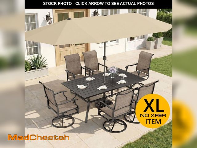 Lot 74-14312631 - 8-Piece Metal Outdoor Patio Dining Set with Padded Textilene Swivel Chairs and Umbrella - UNUSED