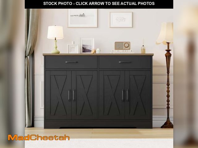 Lot 74-13096444 - Hiphuta 47"Farmhouse Sideboard Storage Cabinets with 4 Doors &amp; 2 Drawers, Coffee Bar with Brown ...